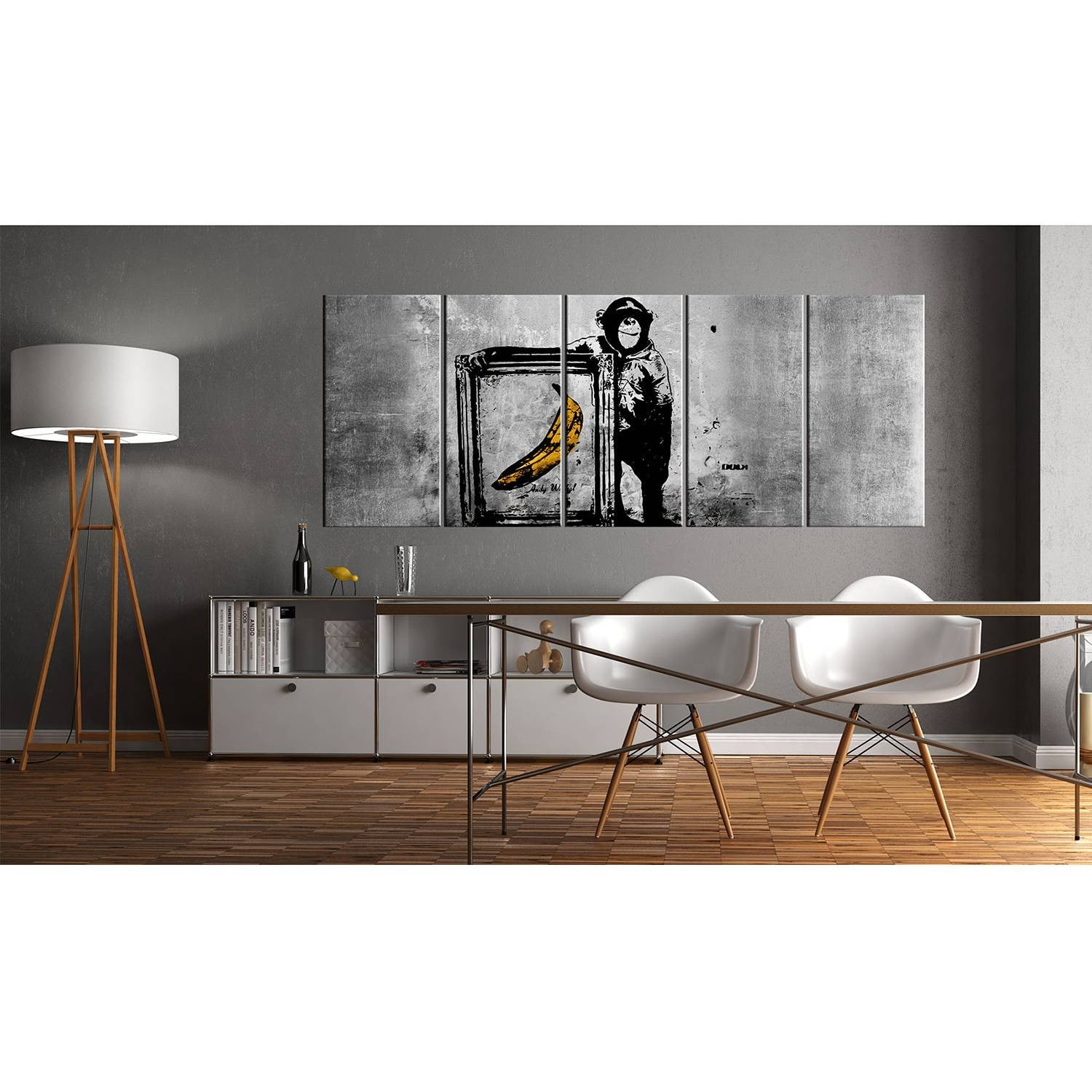 home24 Monkey with Frame Banksy wanddecoratie hout en textiel wit/zwart 225 x 90 cm
