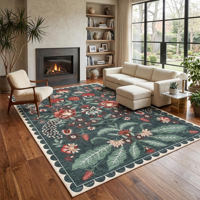 Garvee Vintage Floral Scalloped Border Living Room Area Rug
