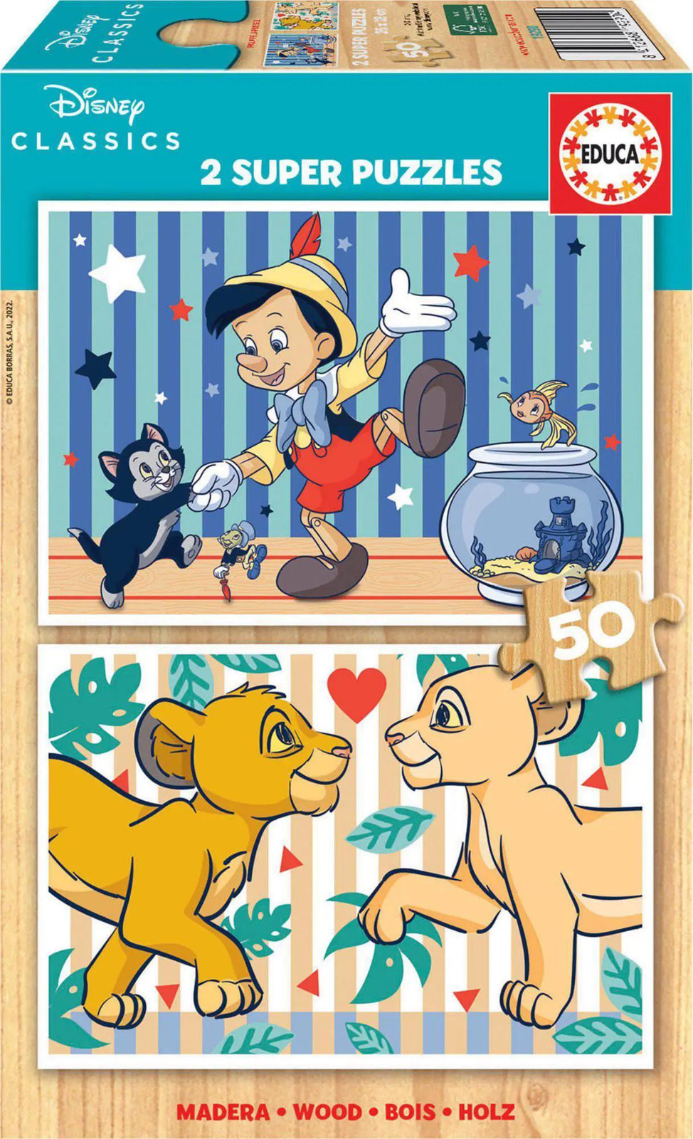 Educa Disney Puzzel Set met De Koning der Leeuwen en Pinokkio, 2x50 stukjes
