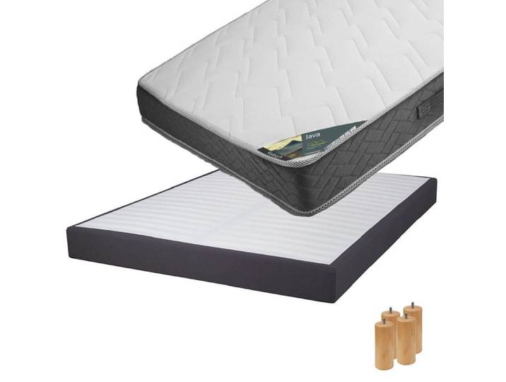 Java - Pack Matelas 160x200 + Sommier Tapissier Démontable 2x20 Lattes Anthracites + Pieds Bois 15cm