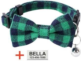 Inspired Finds Personalized Plaid Breakaway Cat Collar With Bell & ID Tag green Bowtie
