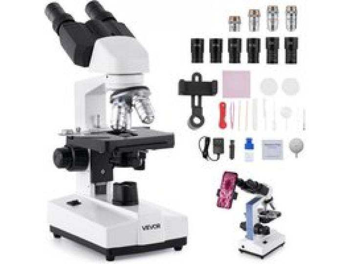 VEVOR binoculaire microscoop voor volwassenen, professionele microscoopset met 40-5000x vergroting en twee-fasen microscoop en 2 oculairsets, samengestelde microscoop inclusief LED-lamp en telefoonhouder