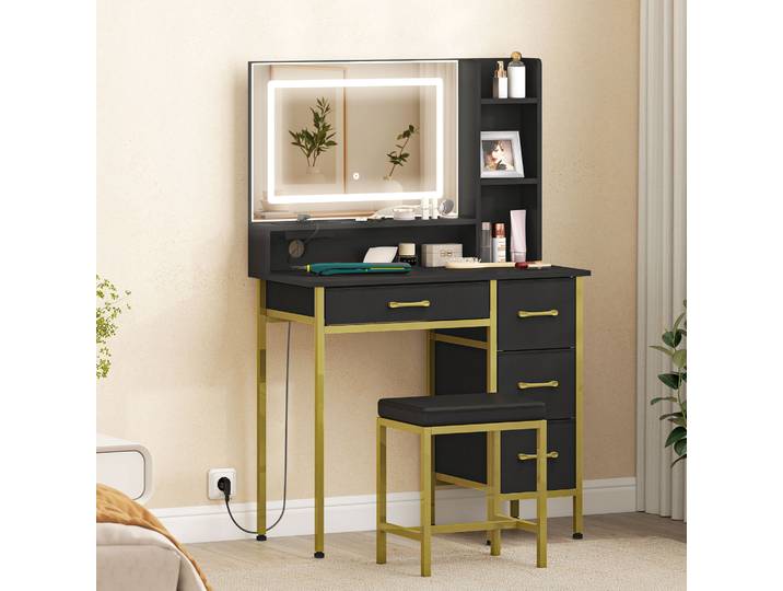 HOMCOM Coiffeuse Noir LED Miroir Tabouret 4 Tiroirs