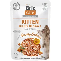 BRIT CARE Cat Kitten Fillets in Bratensoße mit herzhaftem Lachs, angereichert mit Sanddorn und Kapuzinerkresse 12x85g