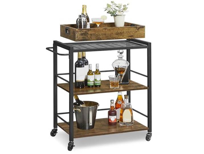 VASAGLE Barwagen mit Rollen, Getränkewagen mit Weinregal und Glashalter ULRC72X Servierwagen, 3-stöckig, 71,9 cm breit, kleines mobiles Küchenregal mit Halterungen, rustikales Braun und Mattschwarz