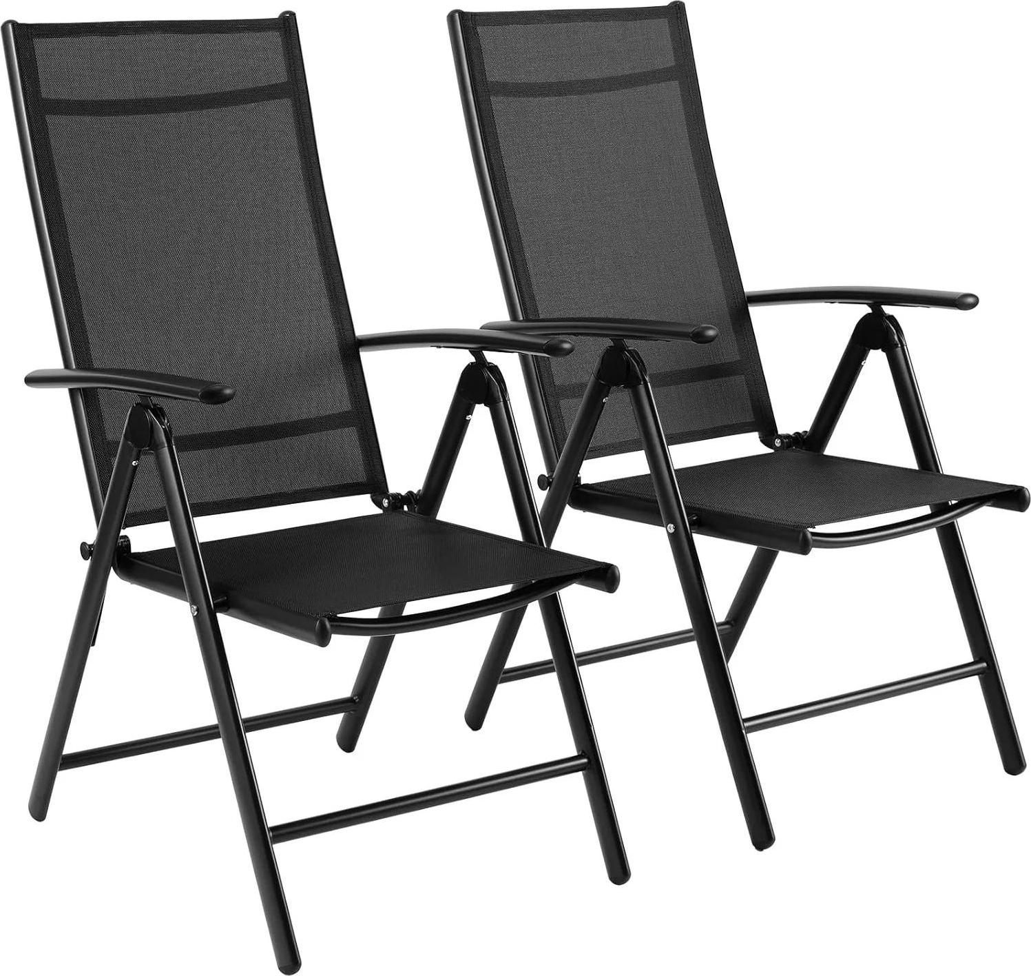 2er-Set Gartenstühle - Klappbare Aluminiumstühle - 7-fach verstellbare Rückenlehne - Hohe Rückenlehne - Armlehnen - Atmungsaktives Teslin - 72x60x107 cm - Schwarz