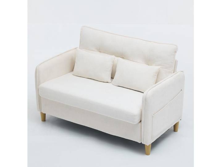 Canapé 2 Places Beige Chenille avec Poche et Pied en Bois massif - Canapé Loveseat Compacte et Stable - Pour Studio et Gain de place