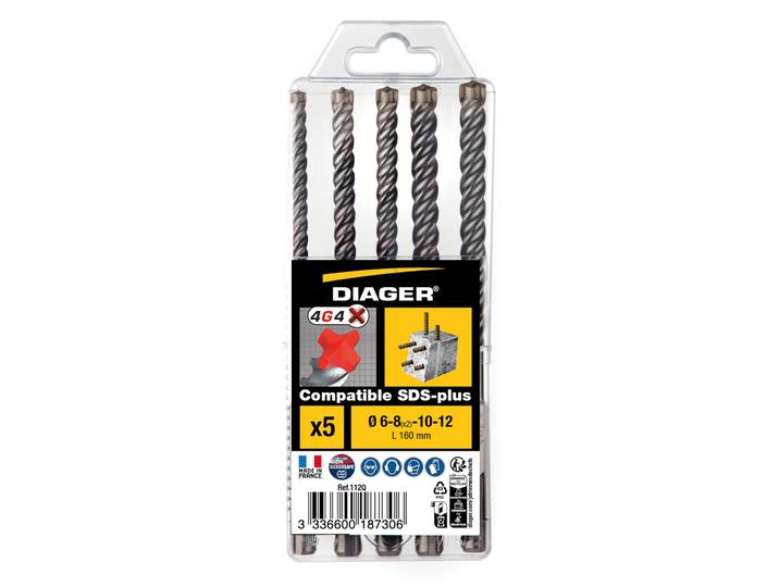 Coffret plastique 5 forets béton - DIAGER - 4G4 4 taillants compatible SDS+ L160 Diam.6-8(x2)-10-12 mm