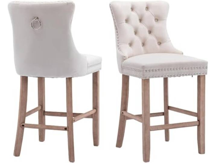 SoarTalent Barhocker aus Samt, gepolstert, mit Rückenlehne und Holzbeinen, Metallzugring, armlose Thekenhöhe, Barhocker für Küche, Insel, Kneipe (Beige)