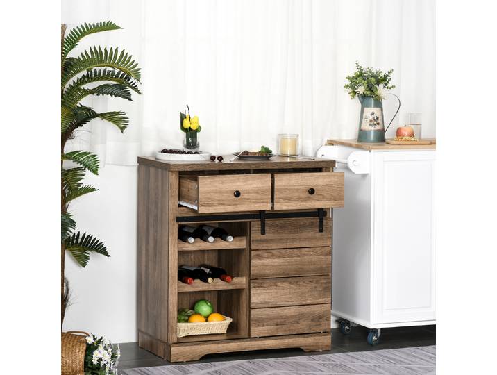 HOMCOM Buffet Cuisine Bois Rustique 2 Tiroirs Porte-Bouteilles