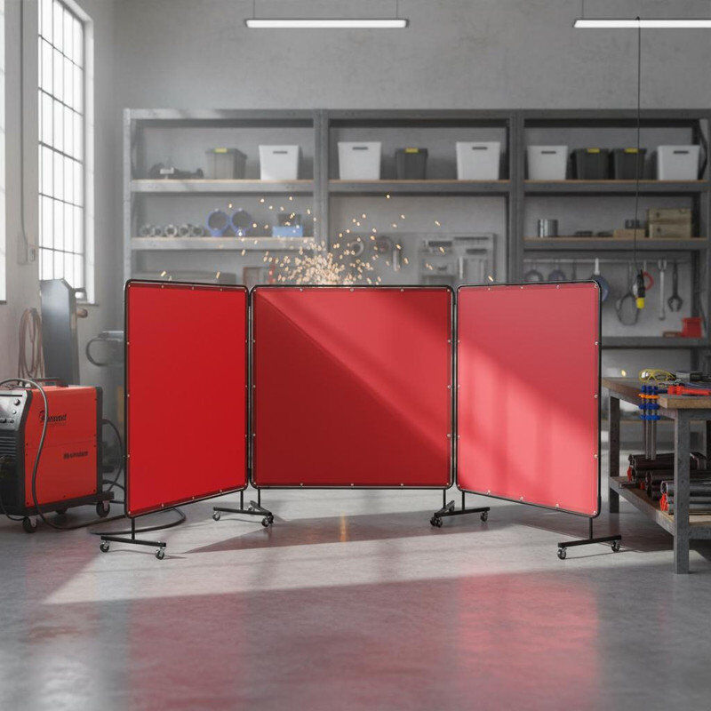 Blue Elephant Flame-Resistant 3-Panel Welding Screen with Frame – Transparent PVC Curtain, Steel Frame, Lockable Swivel Casters, Portable Welding Protection for Wor Red 198.1cm H x 182.9cm W x 67.1cm D