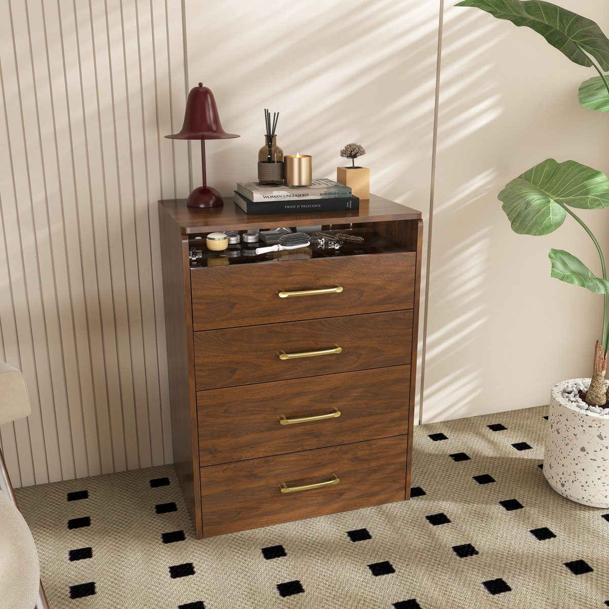 MIVRAY Kaptafel 3-in-1 met opklapbare spiegel en kruk in walnootkleur