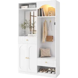 GARDEROBE 100cm Weiß mit LED, Spiegel, Schuhschrank & Sitzbank