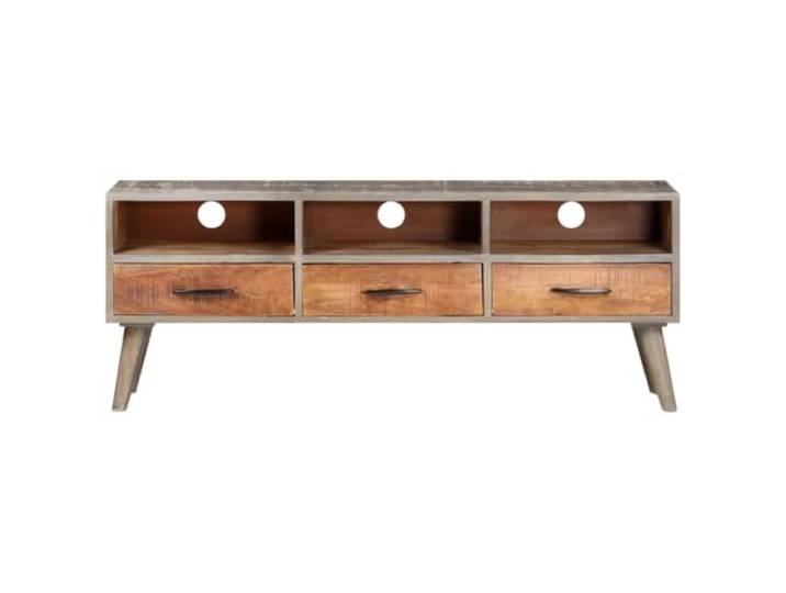 GKHPYURE TV-Schrank Grau 130 x 35 x 51 cm aus massivem Mangoholz 3 Fächer, 3 Schubladen, massives Mangoholz, Cat-Finish, Akazienholz, bernsteinfarbene Oberfläche, Befestigungsvorrichtung
