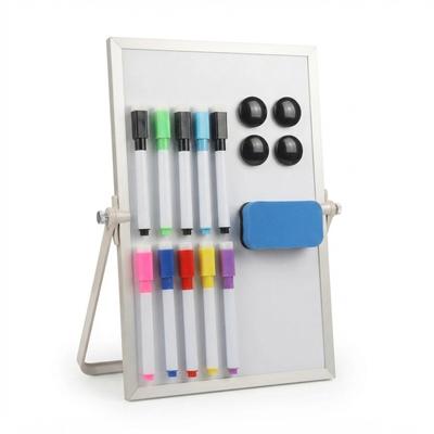 Relaxdays Whiteboard Tisch, 30x20 cm, magnetisch, 360° drehbar, mit Stiften, Magneten, Schwamm, Magnettafel, weiß/silber