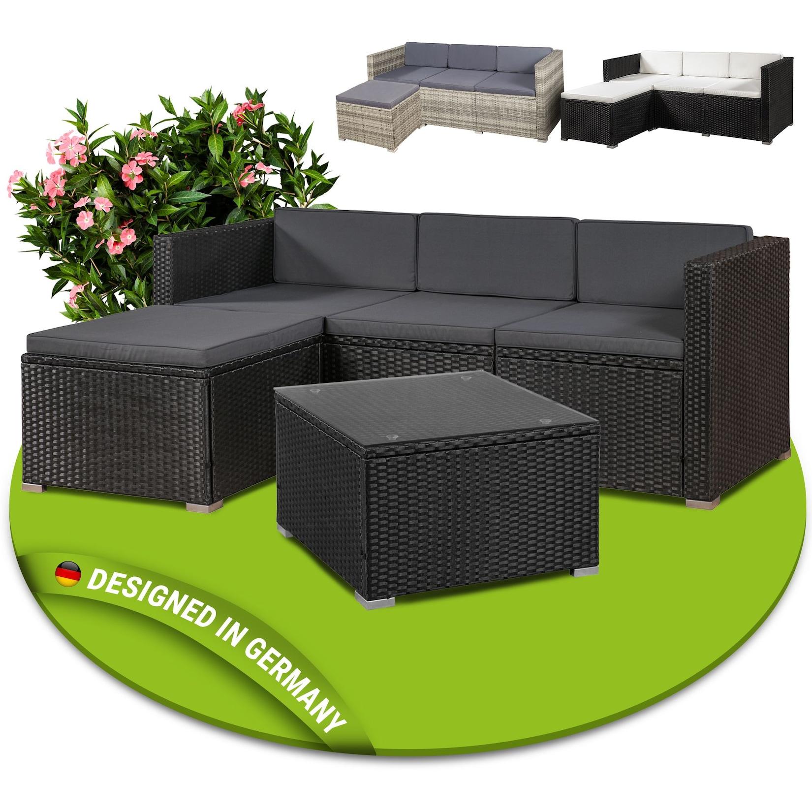 Juskys Polyrattan Lounge Punta Cana M schwarz für 3-4 Personen – Sofa, Tisch & Hocker