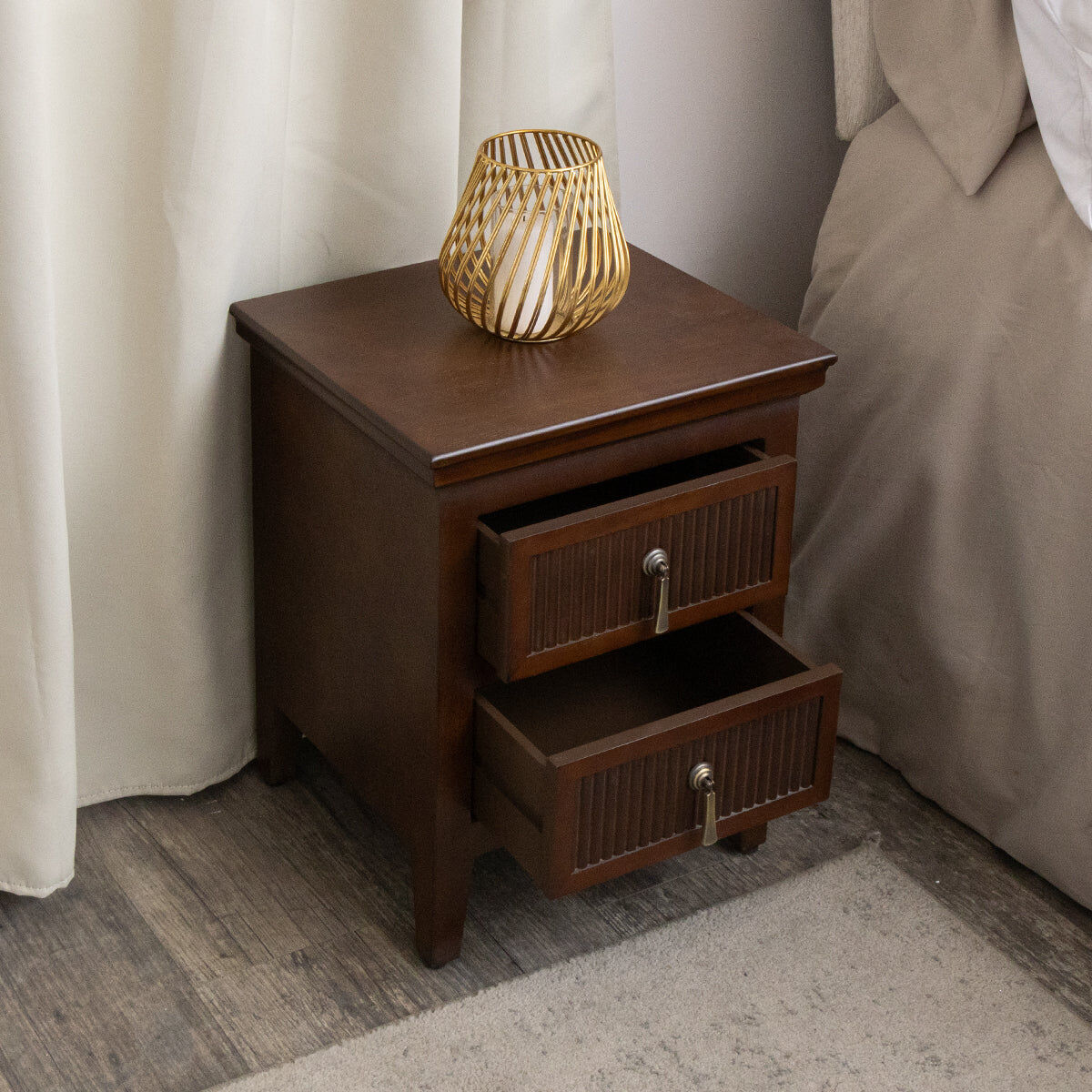 Dark Wood Reeded 2 Drawer Bedside Table - Georgian Range Wood, Metal