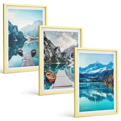 BILDER SET 3er Set - 40x60 cm Goldrahmen - Spiegelung der Boote auf Bergseen