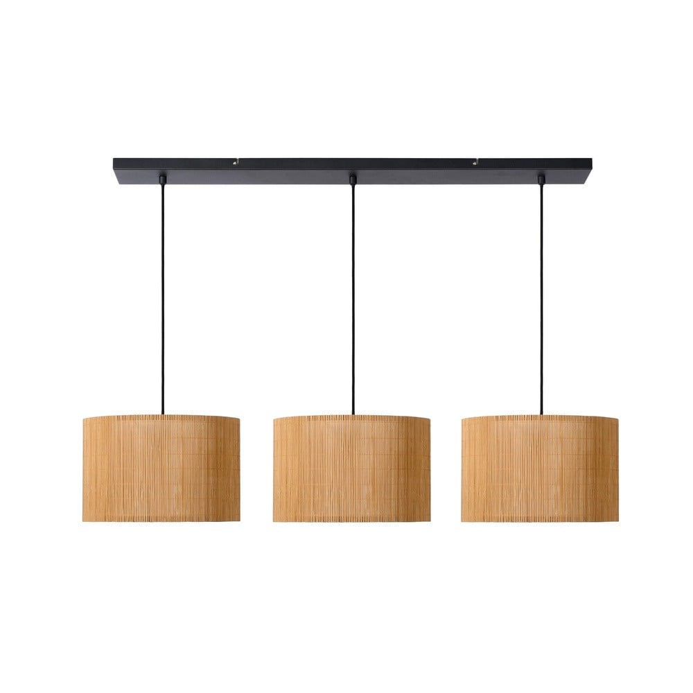 Lucide Magius Hanglamp met 3 lichtpunten - Rattan en Hout - Bruin/Zwart