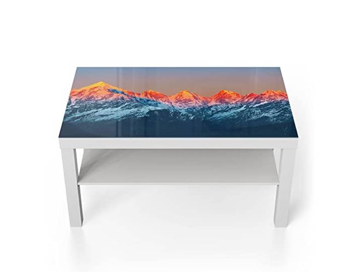 DEQORI Glastisch weiß groß 90x50 cm Motiv Panchchuli in Abendsonne ausgefallener Beistelltisch aus Glas Hochglanz Couchtisch fürs Wohnzimmer moderner Couch Tisch mit Design