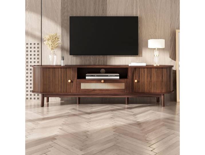 Meuble TV LEMLIT en Rotin Meuble TV Salon Portes en Bois Massif Tiroirs Grand Rangement Style Campagne