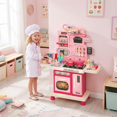 "Qaba Kids Kitchen Playset, 34"" Play Kitchen with Lights, Sounds, Play Sink, Storage, Cooking Stove, Oven, Pink"