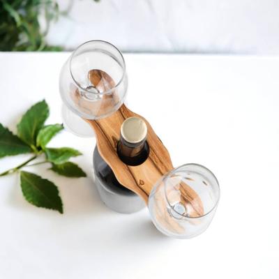 Kamsah Olive Wood Wine Bottle and Glass Holder, Set of 2, Handmade