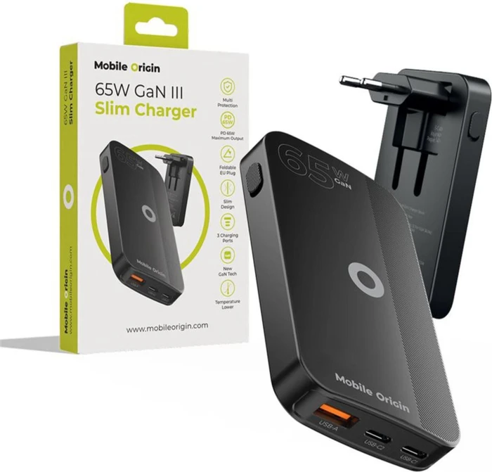 Mobile Origin 65W GaN III Slim Charger dual USB-C Single USB-A Black