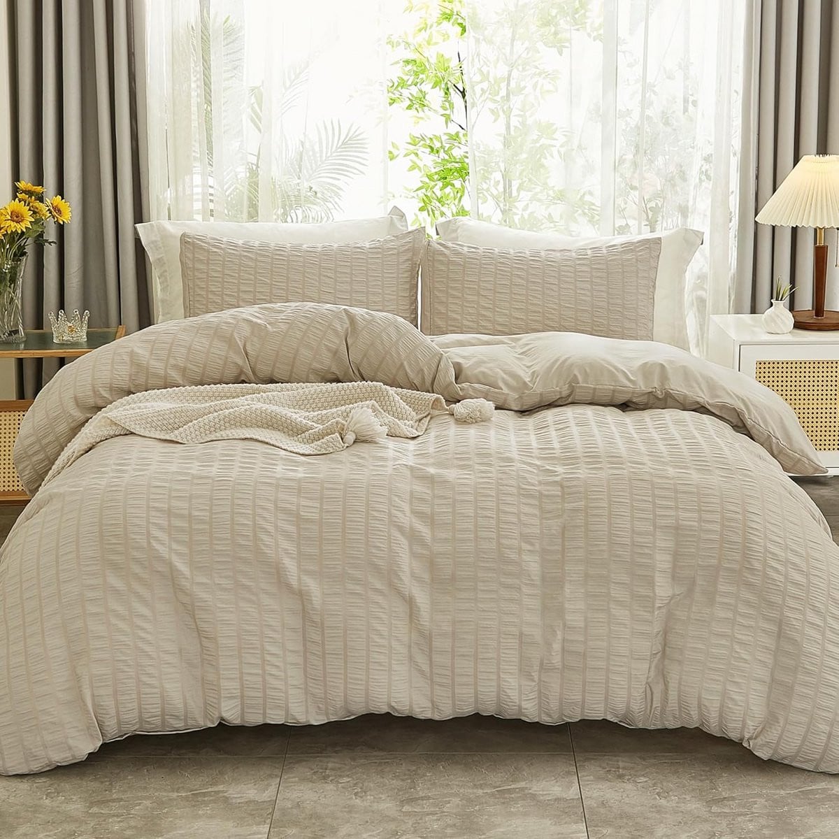 3-delige Seersucker dekbedovertrekset beige queensize met kussenslopen