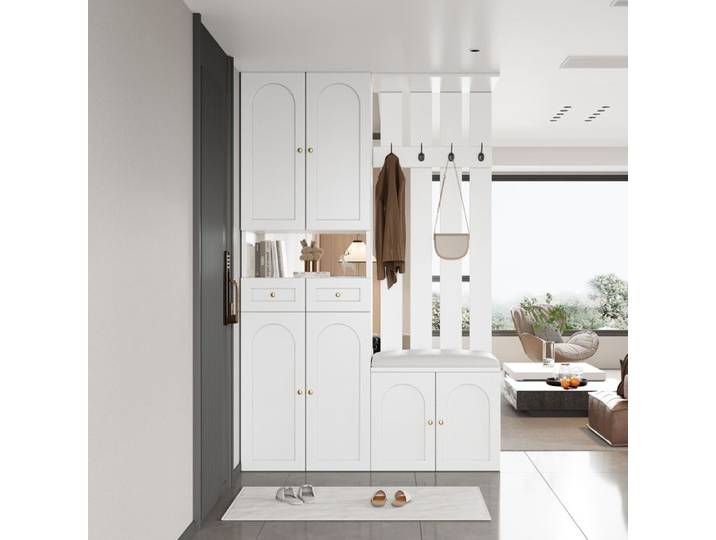 Vestiaire d'entrée - MODERNLUXE - 180x37x110cm - 2 tiroirs - 6 portes - Blanc