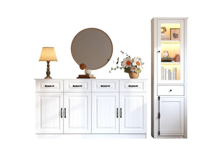 Flieks Schrank SET 2teilig Vitrine Weiß MDF Aufbewahrungsschrank, 160x80x35 cm, Wohnzimmer, TV Möbel, Lowboards, Lowboards stehend