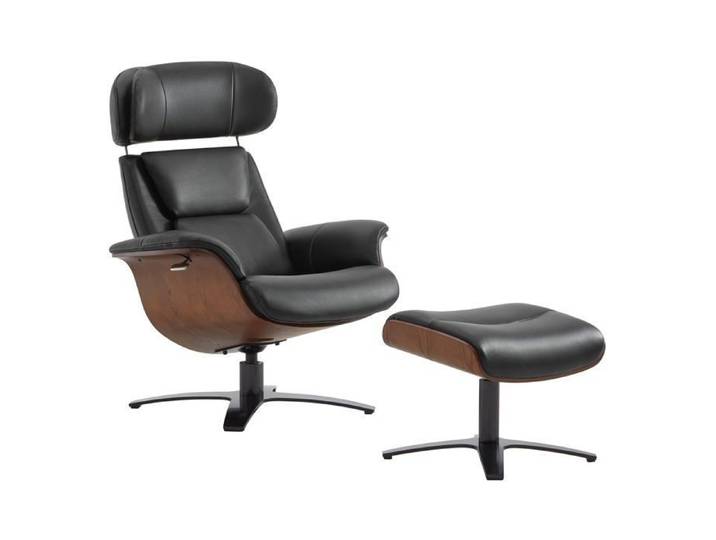 Fauteuil Inclinable Et Pivotant En Cuir Véritable CHITA Avec Appui-Tête Et Coussin Réglables-Noir