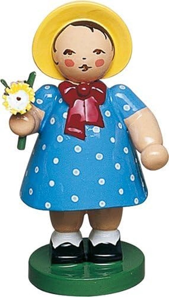 Handgeschilderd houten meisje figuur met bloem decoratie in het blauw
