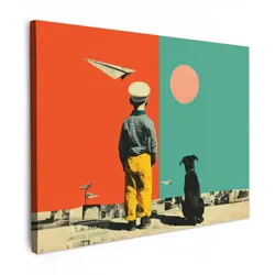 LEINWANDBILD Retro - Junge - Hund - Rot - Grün Wandbilder 80x60 cm