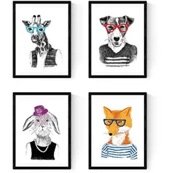 POSTER Set mit 4 Tierhipstern A3 Schwarzer Rahmen