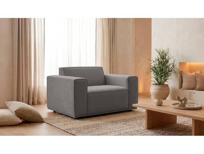 Loveseat GOODPRODUCT Avelin, 1.5 Sitzer, 140 cm, Chenille, Struktur-Boucle , grau, B:140cm H:75cm T:96cm, 100% polyester, Sessel, Loveseat, mit Wellenunterfederung, Kedernaht, bodentief, Skandi-Design