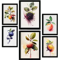 POSTER Set Mit 6 Beeren & Pfirsiche Plakate Von Obst, Gemüse Im Aquarell Kunst A3 & A4 Rahmenlos