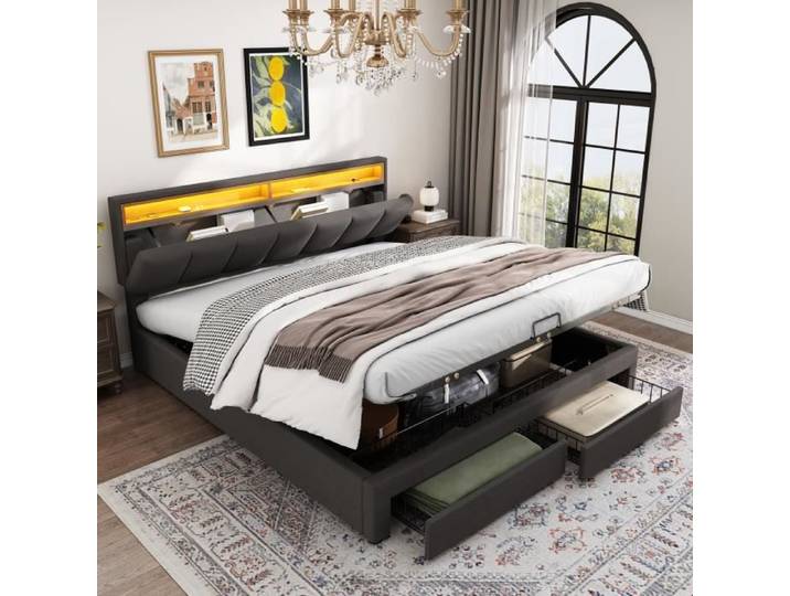 Lit coffre - DREAMMESPACE - 180x200cm - Lin - Acier - 2 tiroirs - Tête de lit escamotable