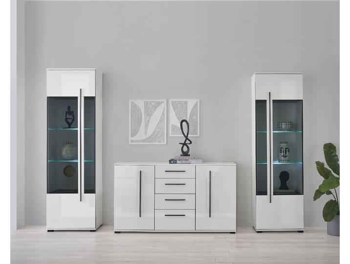 Wohnwand HOME AFFAIRE Cantara, Anbauwand, Wohnzimmer-Set, in Eiche Evoke, Weiss oder Kaschmir , weiss (weiß), B:290cm H:270cm T:42cm, Holzwerkstoff, Kastenmöbel-Sets, Wohnwand, enthält zwei Vitrinen und ein Sideboard