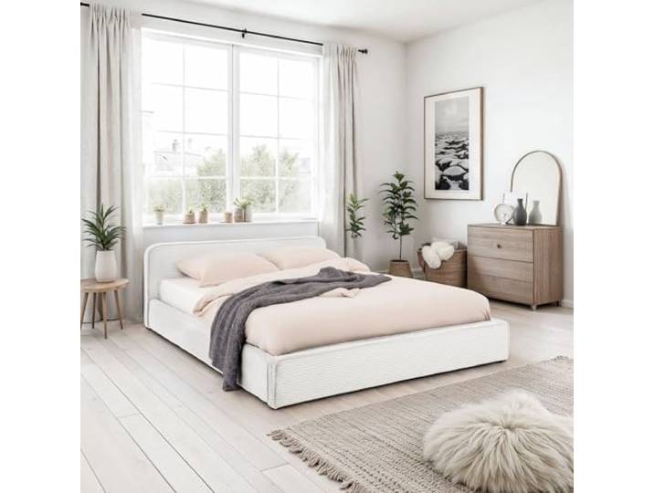 IDIMEX Polsterbett CURSIO mit Lattenrost 140x200, Off-White – Bett mit Polsterung in Cordoptik, Holzrahmen mit Metallrohr, stabiles Doppelbett inklusive Lattenrost, kleine Schwarze Kunststofffüße