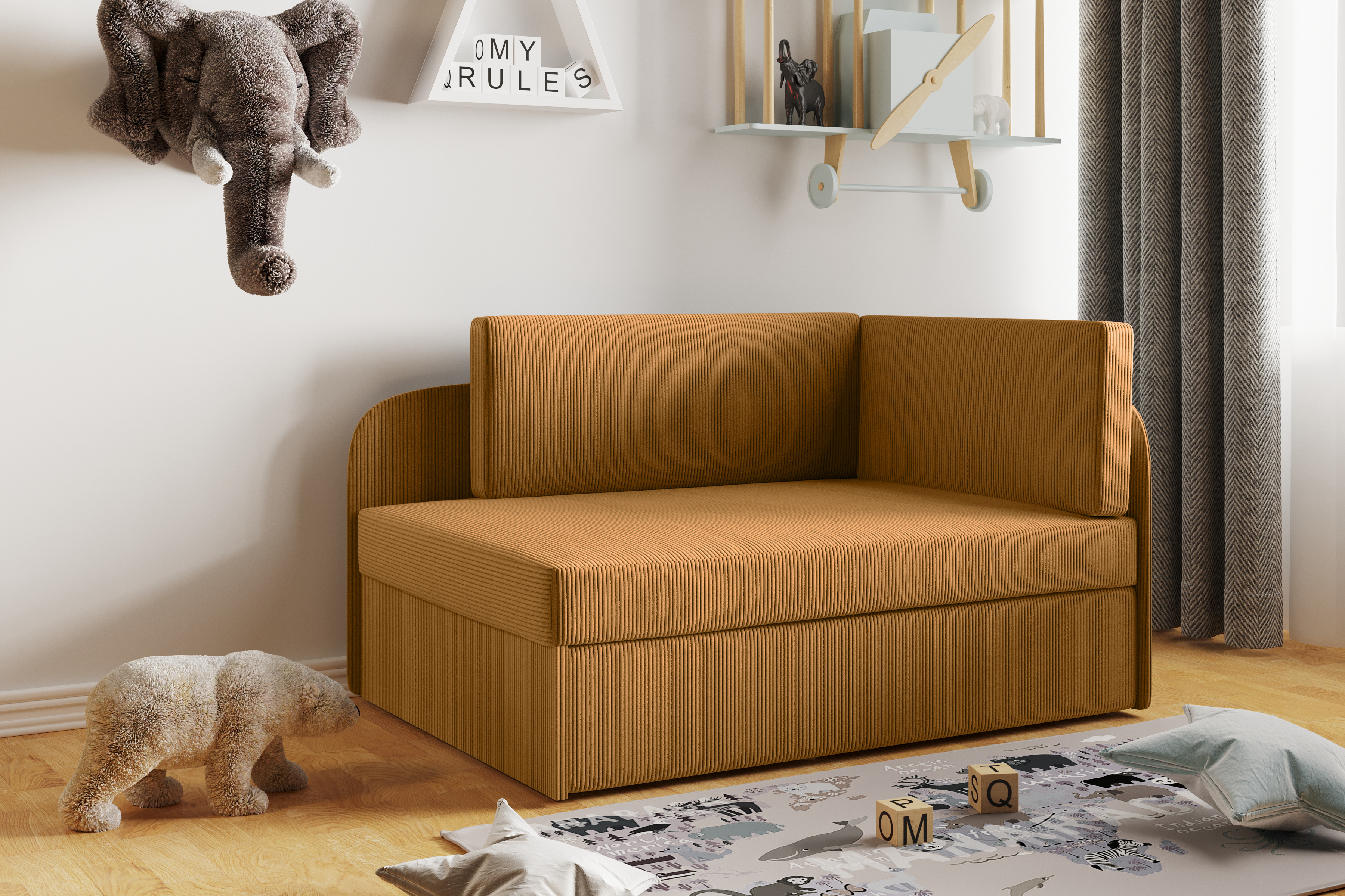 Kaiser Möbel Kinderbett Kindersofa mit schlaffinktion und bettkasten BETTY wachsendes Bett Rechts Senffarbe