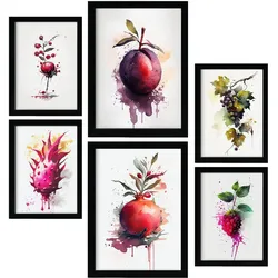 POSTER Set Mit 6 Lila Früchte Plakate Von Obst, Gemüse Im Aquarell Kunst Stil A3 & A4 Rahmenlos