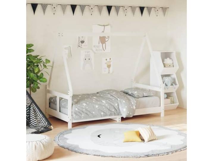 HGFDSAWE Kinderbett Hausbett Kiefernholz Einzelbett 80x160 cm Wei Massivholz-Gestell, Stabiler Lattenrost, Rustikaler Look, Einfacher Ein-Ausstieg