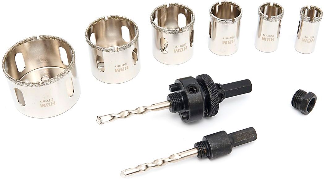 Set di 11 pezzi di seghe a corona diamantate professionali HBM 19 - 57 mm