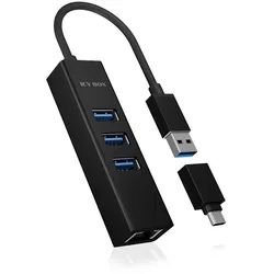 ICY BOX IB-HUB1419-LAN, USB 3.2 Gen 1 HUB und LAN Adapter, Type-A+C zu 3x USB 3.2 Gen 1 und Gigabit LAN, USB Type-A zu Type-C Adapter, Aluminium, schwarz
