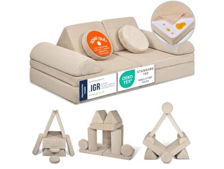 Linodino® Spielsofa Cord, Kindersofa-Bausteine, Kindercouch, Stapelsteine Oeko Tex & spiel gut, formstabil & langlebig, waschbare Bezüge, wasserfeste Unterbezüge, verstärkte Nähte & Tragegriffe