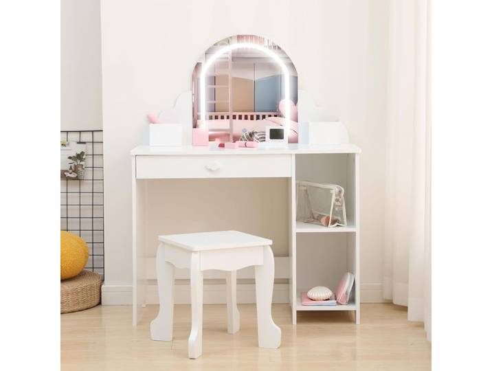 Coiffeuse pour Enfants avec Miroir Lumineux Et Tabouret Bureau pour Enfants avec Etagères De Rangement Ouvertes-blanc