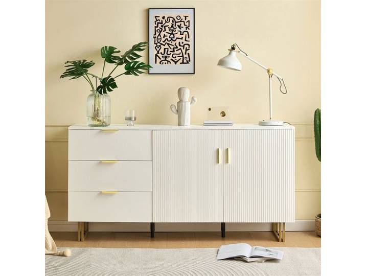Buffet de cuisine - Buffet Sideboard - Commode de Salon 3 Tiroirs et 2 Portes - Enfilade Cuisine Pieds Acier - Blanc