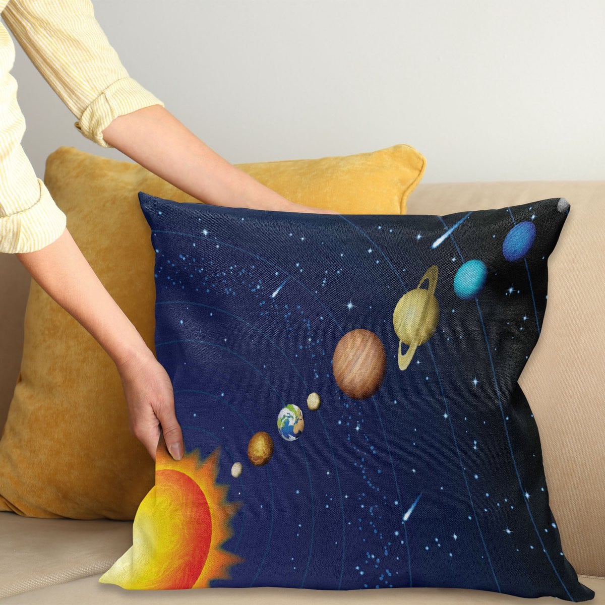 ABAKUHAUS Kussenhoes Sonnensystem met Sonne, Dunkelblauw Oranje, 60 x 60 cm