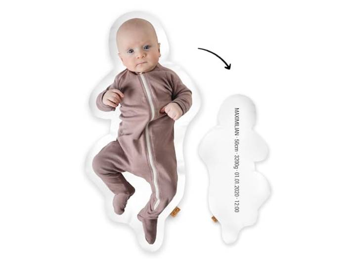 Mein Babykissen Personalisiertes Geburtskissen Fotokissen zur Geburt 1:1 Maßstab mit Gewicht Mit Namen für Neugeborene Erinnerungen in Originalgröße Jungen Mädchen Geschenk zur Taufe